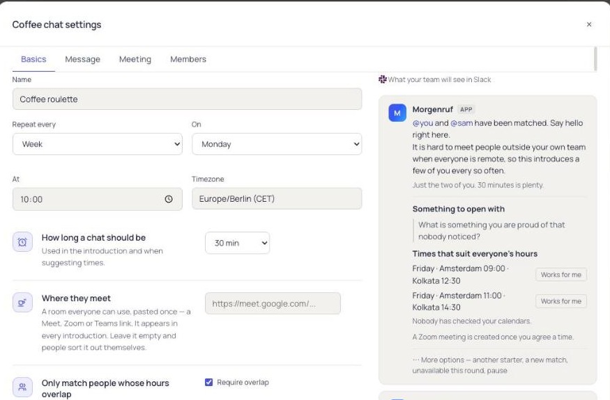 Coffee chat settings on the left and a live preview of the Slack introduction on the right