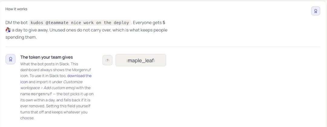 Kudos settings: the token, the daily allowance, and a preview of the recognition message